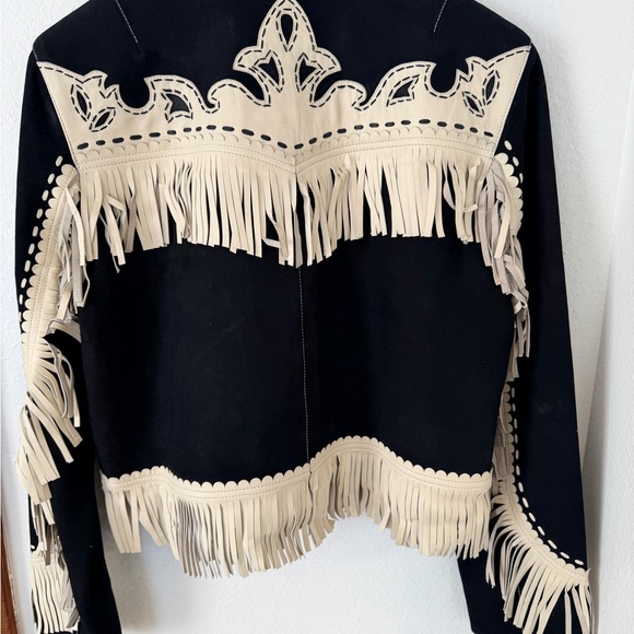 Double D Ranch Night Hearding Jacket Black and Cream Leather Jacket with Fringe - Picture 2 of 2